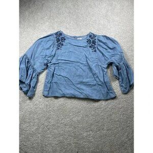 Hollister Shirt Womens Small Embroidered Floral Ruffle Sleeve Boho Button Back
